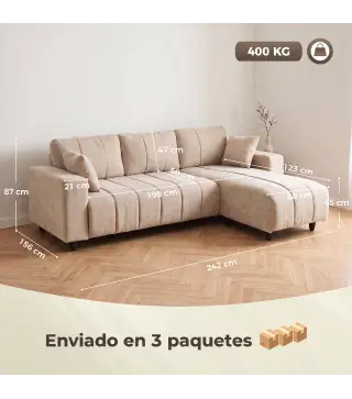 Sofá Chaise Longue Reversible de 4 Plazas 2 Almohadas Tapizado en Lino Marco de Acero 242x156x87 cm Beige