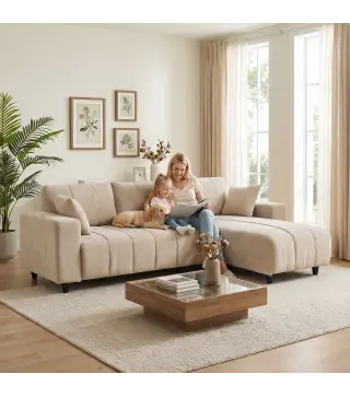 Sofá Chaise Longue Reversible de 4 Plazas 2 Almohadas Tapizado en Lino Marco de Acero 242x156x87 cm Beige