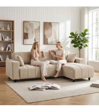 Sofá Chaise Longue Reversible de 4 Plazas 2 Almohadas Tapizado en Lino Marco de Acero 242x156x87 cm Beige
