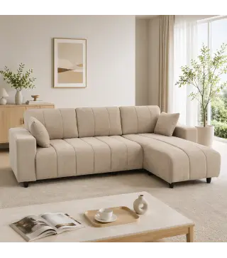 Sofá Chaise Longue Reversible de 4 Plazas 2 Almohadas Tapizado en Lino Marco de Acero 242x156x87 cm Beige