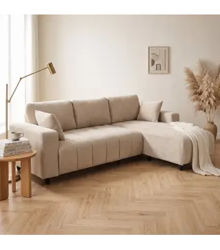 Sofá Chaise Longue Reversible de 4 Plazas 2 Almohadas Tapizado en Lino Marco de Acero 242x156x87 cm Beige