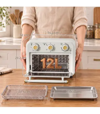 Horno Freidora de Aire 12 L con 3 Mandos Convección 360° Temperatura hasta 230 °C Temporizador 60 Min Bandeja y Cesta