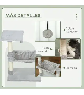 Árbol Rascador de Gatos Torre de Gatos 50x36x70 cm Centro de Actividad con Hamaca Plataforma Postes de Sisal Gris Claro