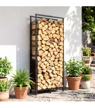 Leñero Exterior de Acero Robusto para Leña con Ancho Alto Ajustables Carga 100 kg 45,5-75,5x25x98-170 cm Negro