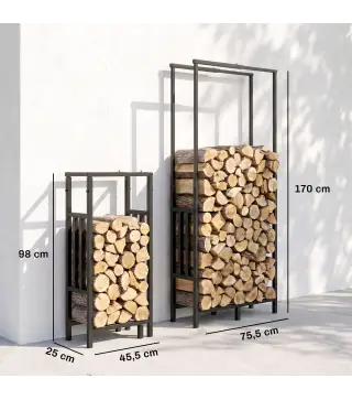 Leñero Exterior de Acero Robusto para Leña con Ancho Alto Ajustables Carga 100 kg 45,5-75,5x25x98-170 cm Negro