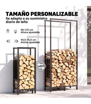 Leñero Exterior de Acero Robusto para Leña con Ancho Alto Ajustables Carga 100 kg 45,5-75,5x25x98-170 cm Negro