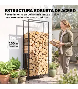 Leñero Exterior de Acero Robusto para Leña con Ancho Alto Ajustables Carga 100 kg 45,5-75,5x25x98-170 cm Negro