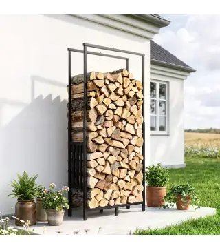Leñero Exterior de Acero Robusto para Leña con Ancho Alto Ajustables Carga 100 kg 45,5-75,5x25x98-170 cm Negro