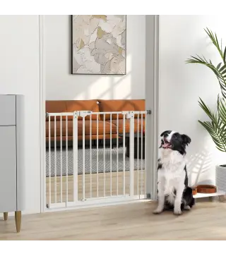 Barrera de Seguridad para Perros 74-100 cm con Extensiones Montaje a Presión y Doble Bloqueo Blanco