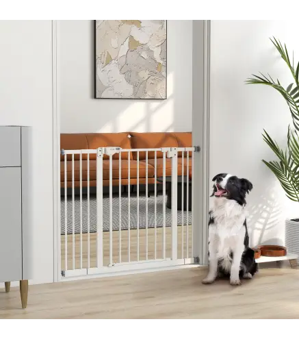 Barrera de Seguridad para Perros 74-100 cm con Extensiones Montaje a Presión y Doble Bloqueo Blanco