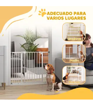 Barrera de Seguridad para Perros 74-100 cm con Extensiones Montaje a Presión y Doble Bloqueo Blanco