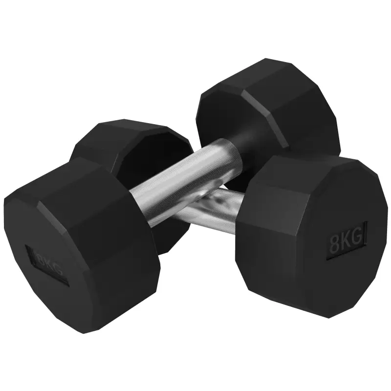 Set de 2 Mancuernas Dodecagonales de 2 x 8 kg de Metal Recubiertas en Goma para Entrenamiento en Casa Gimnasio Negro
