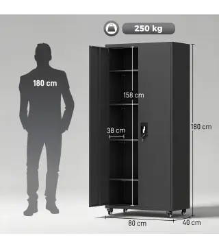 Armario de Herramientas de Acero 180 cm con Ruedas Extraíbles Estantes Ajustables Carga 250 kg para Garaje Negro