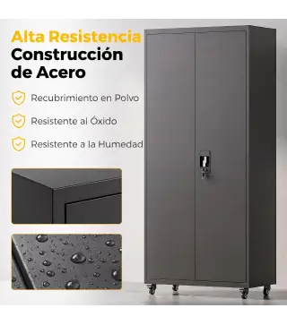 Armario de Herramientas de Acero 180 cm con Ruedas Extraíbles Estantes Ajustables Carga 250 kg para Garaje Negro