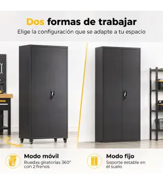 Armario de Herramientas de Acero 180 cm con Ruedas Extraíbles Estantes Ajustables Carga 250 kg para Garaje Negro