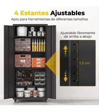Armario de Herramientas de Acero 180 cm con Ruedas Extraíbles Estantes Ajustables Carga 250 kg para Garaje Negro