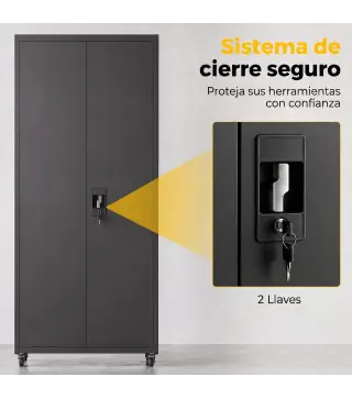 Armario de Herramientas de Acero 180 cm con Ruedas Extraíbles Estantes Ajustables Carga 250 kg para Garaje Negro