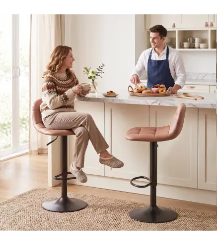 Juego de 2 Taburetes Altos de Cocina Giratorios 360° Regulables en Altura con Reposapiés Tapizados en Cuero Sintético