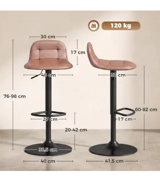 Juego de 2 Taburetes Altos de Cocina Giratorios 360° Regulables en Altura con Reposapiés Tapizados en Cuero Sintético