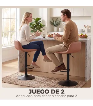 Juego de 2 Taburetes Altos de Cocina Giratorios 360° Regulables en Altura con Reposapiés Tapizados en Cuero Sintético