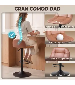 Juego de 2 Taburetes Altos de Cocina Giratorios 360° Regulables en Altura con Reposapiés Tapizados en Cuero Sintético