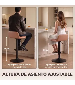 Juego de 2 Taburetes Altos de Cocina Giratorios 360° Regulables en Altura con Reposapiés Tapizados en Cuero Sintético