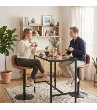 Juego de 2 Taburetes Altos de Cocina Giratorios 360° Regulables en Altura con Reposapiés Tapizados en Cuero Sintético
