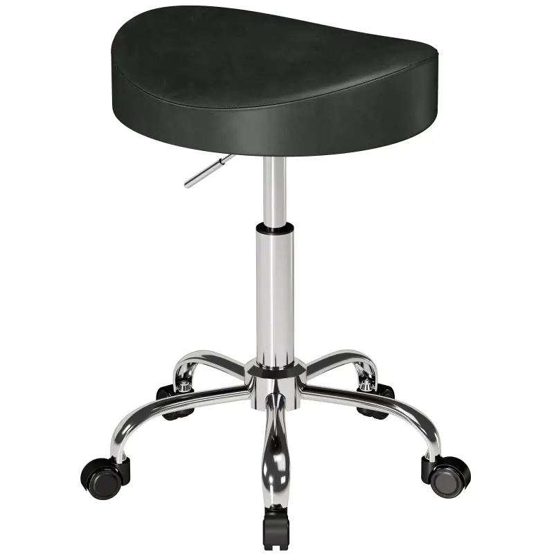 Taburete con Ruedas Giratorio Altura Regulable de Cuero Sintético con Asiento Acolchado para Spa Oficina Tatuajes Negro