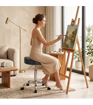 Taburete con Ruedas Giratorio Altura Regulable de Cuero Sintético con Asiento Acolchado para Spa Oficina Tatuajes Negro