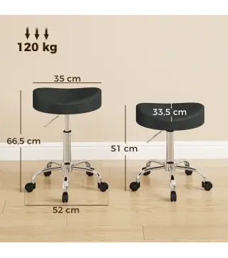 Taburete con Ruedas Giratorio Altura Regulable de Cuero Sintético con Asiento Acolchado para Spa Oficina Tatuajes Negro