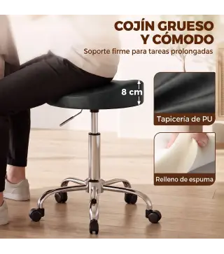 Taburete con Ruedas Giratorio Altura Regulable de Cuero Sintético con Asiento Acolchado para Spa Oficina Tatuajes Negro