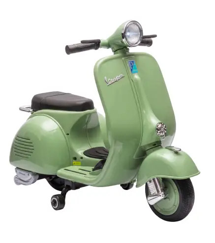 Moto Eléctrica para Niños Licencia VESPA Arranque Suave Ruedines Desmontables Luz Delantera Música, Bocina USB Verde