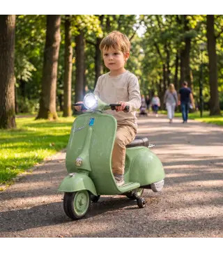 Moto Eléctrica para Niños Licencia VESPA Arranque Suave Ruedines Desmontables Luz Delantera Música, Bocina USB Verde