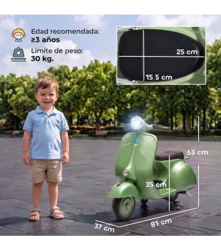 Moto Eléctrica para Niños Licencia VESPA Arranque Suave Ruedines Desmontables Luz Delantera Música, Bocina USB Verde