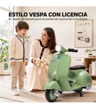 Moto Eléctrica para Niños Licencia VESPA Arranque Suave Ruedines Desmontables Luz Delantera Música, Bocina USB Verde