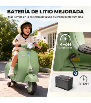 Moto Eléctrica para Niños Licencia VESPA Arranque Suave Ruedines Desmontables Luz Delantera Música, Bocina USB Verde