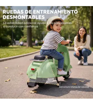 Moto Eléctrica para Niños Licencia VESPA Arranque Suave Ruedines Desmontables Luz Delantera Música, Bocina USB Verde