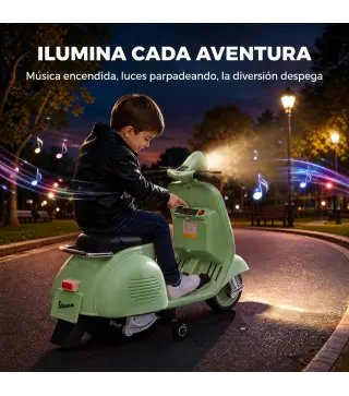 Moto Eléctrica para Niños Licencia VESPA Arranque Suave Ruedines Desmontables Luz Delantera Música, Bocina USB Verde