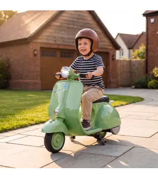 Moto Eléctrica para Niños Licencia VESPA Arranque Suave Ruedines Desmontables Luz Delantera Música, Bocina USB Verde