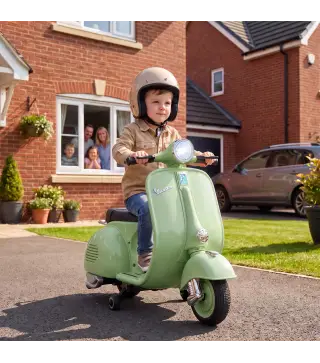Moto Eléctrica para Niños Licencia VESPA Arranque Suave Ruedines Desmontables Luz Delantera Música, Bocina USB Verde