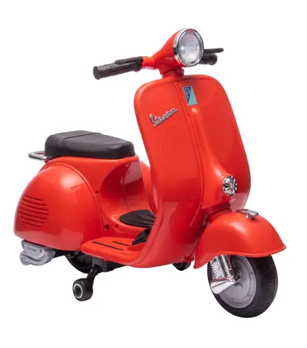 Moto Eléctrica para Niños Licencia VESPA Arranque Suave Ruedines Desmontables Luz Delantera Música, Bocina USB Rojo