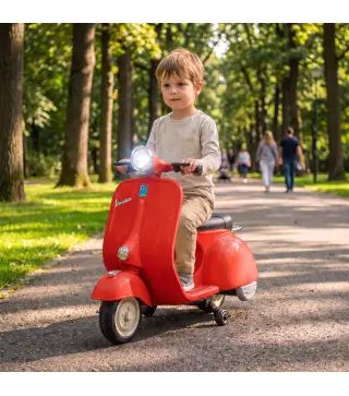 Moto Eléctrica para Niños Licencia VESPA Arranque Suave Ruedines Desmontables Luz Delantera Música, Bocina USB Rojo