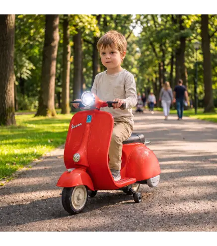 Moto Eléctrica para Niños Licencia VESPA Arranque Suave Ruedines Desmontables Luz Delantera Música, Bocina USB Rojo