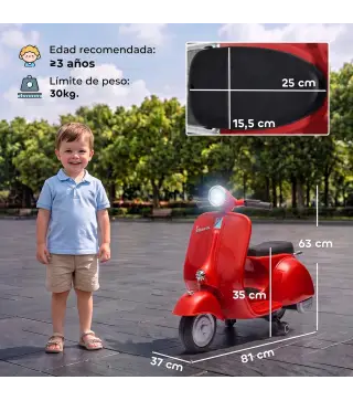 Moto Eléctrica para Niños Licencia VESPA Arranque Suave Ruedines Desmontables Luz Delantera Música, Bocina USB Rojo