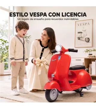 Moto Eléctrica para Niños Licencia VESPA Arranque Suave Ruedines Desmontables Luz Delantera Música, Bocina USB Rojo