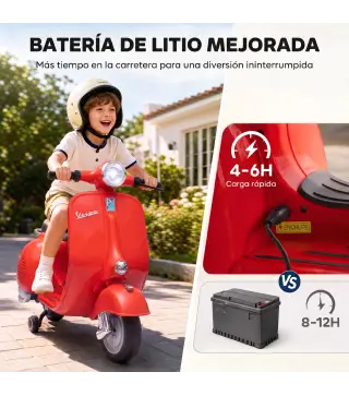Moto Eléctrica para Niños Licencia VESPA Arranque Suave Ruedines Desmontables Luz Delantera Música, Bocina USB Rojo