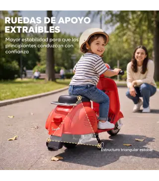 Moto Eléctrica para Niños Licencia VESPA Arranque Suave Ruedines Desmontables Luz Delantera Música, Bocina USB Rojo