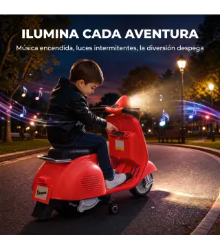 Moto Eléctrica para Niños Licencia VESPA Arranque Suave Ruedines Desmontables Luz Delantera Música, Bocina USB Rojo