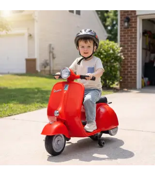 Moto Eléctrica para Niños Licencia VESPA Arranque Suave Ruedines Desmontables Luz Delantera Música, Bocina USB Rojo