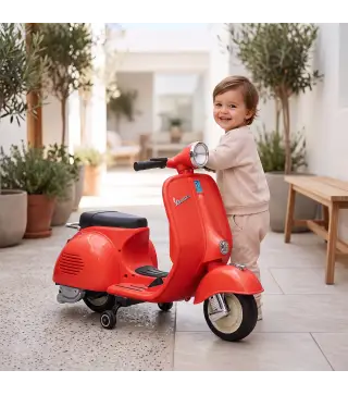 Moto Eléctrica para Niños Licencia VESPA Arranque Suave Ruedines Desmontables Luz Delantera Música, Bocina USB Rojo